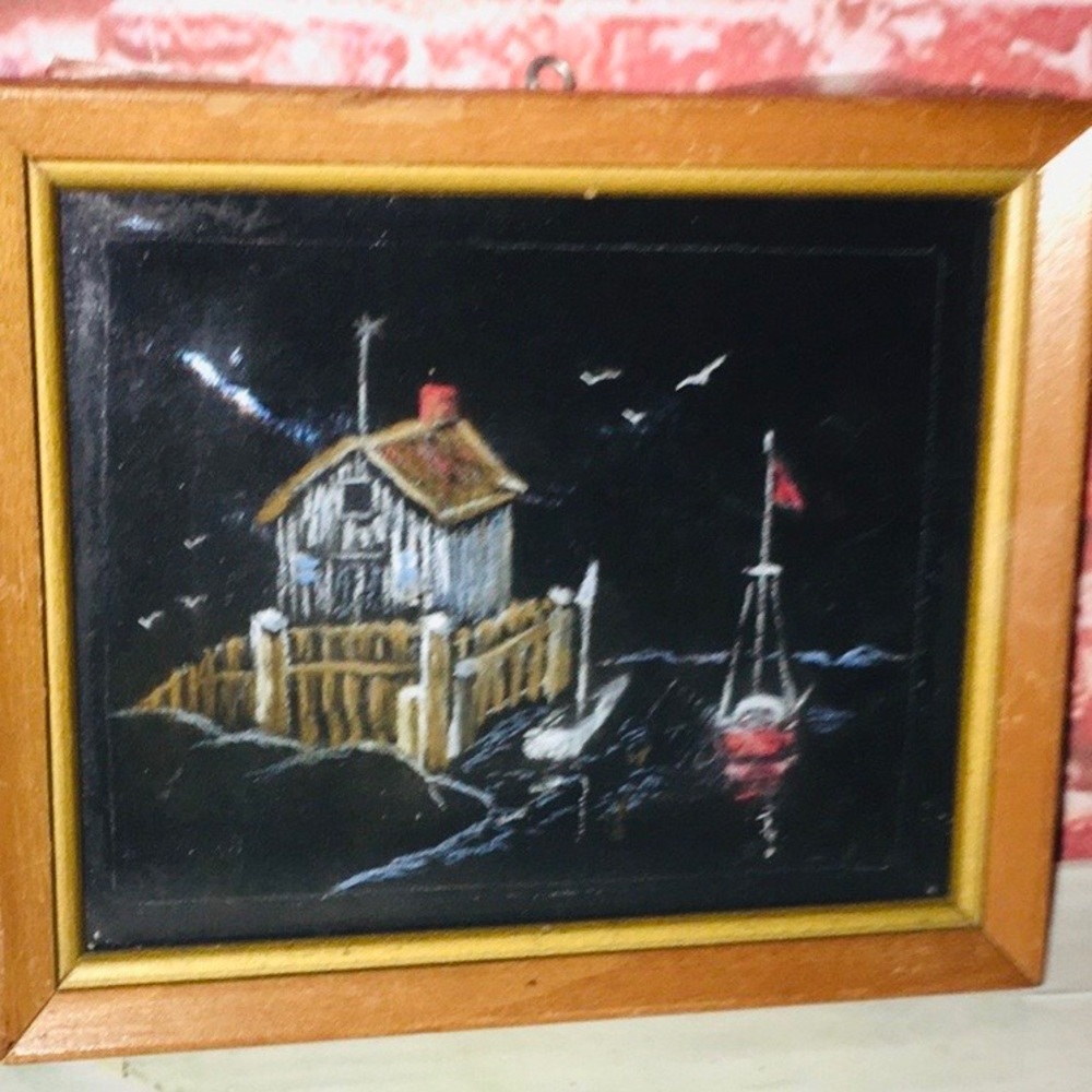 Vintage Original Rustic Coastal Memories of Maine Pastel Framed Art Piece